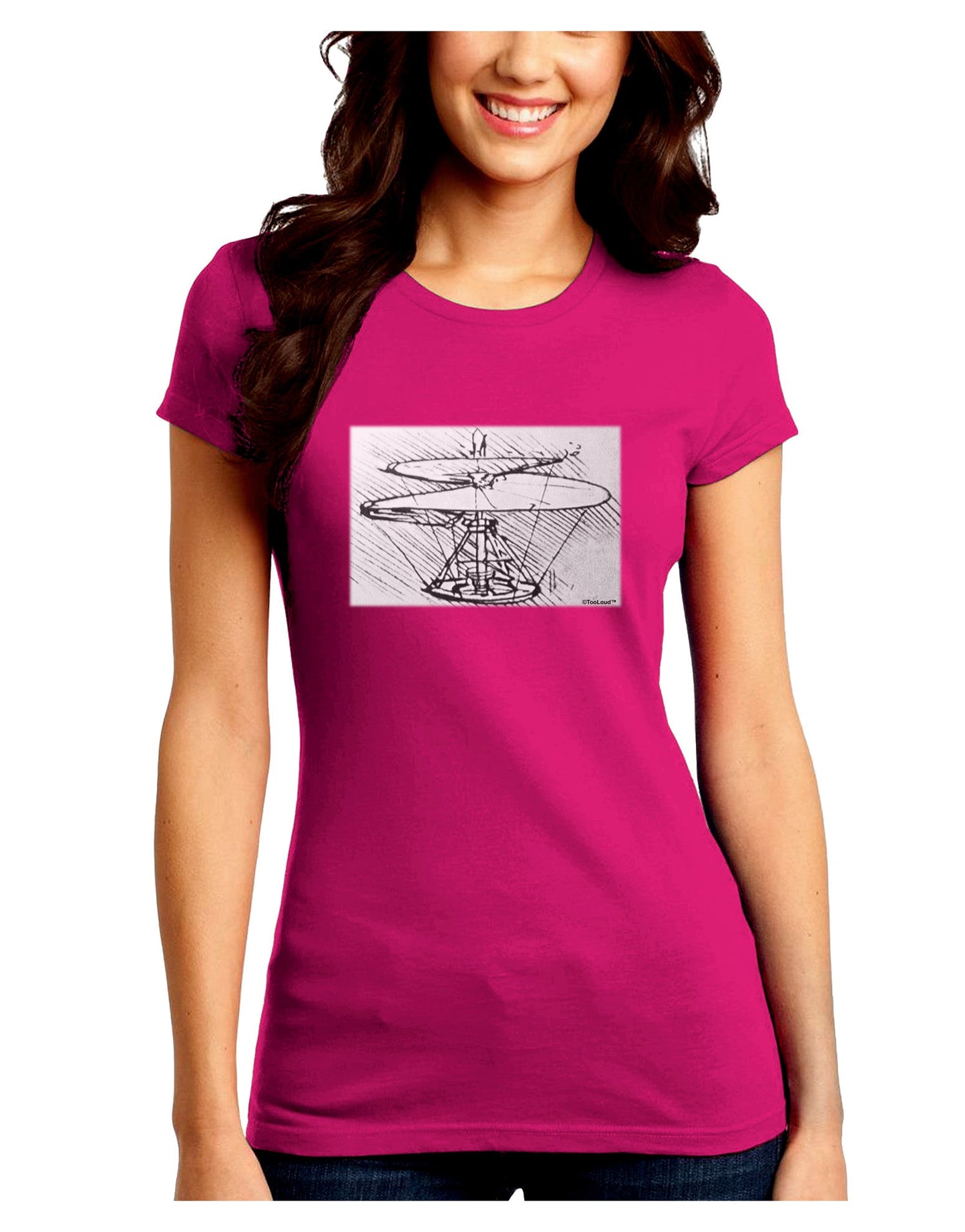 Helicopter Sketch Juniors Petite Crew Dark T-Shirt-T-Shirts Juniors Tops-TooLoud-Hot-Pink-Juniors Fitted Small-Davson Sales