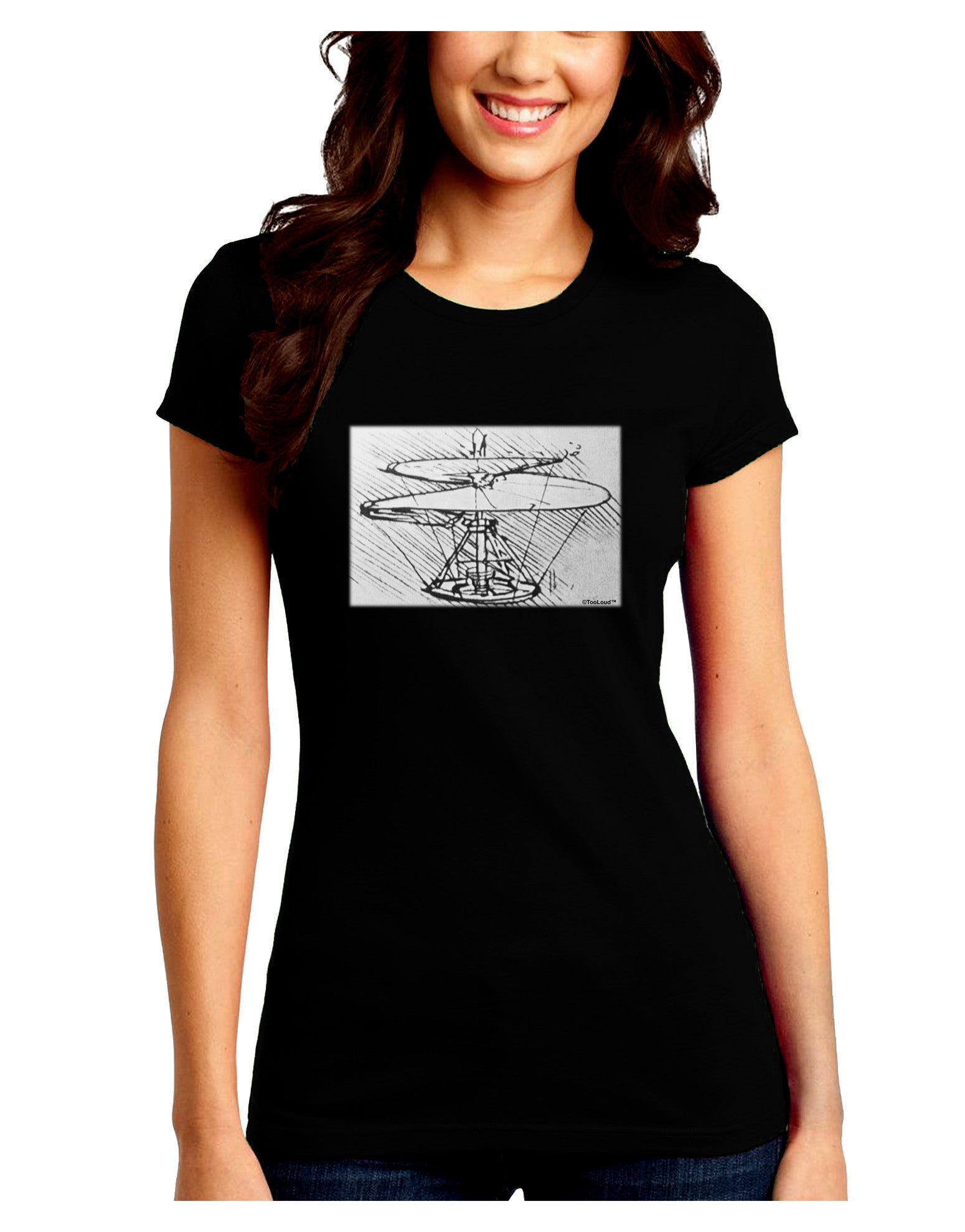 Helicopter Sketch Juniors Petite Crew Dark T-Shirt-T-Shirts Juniors Tops-TooLoud-Black-Juniors Fitted Small-Davson Sales