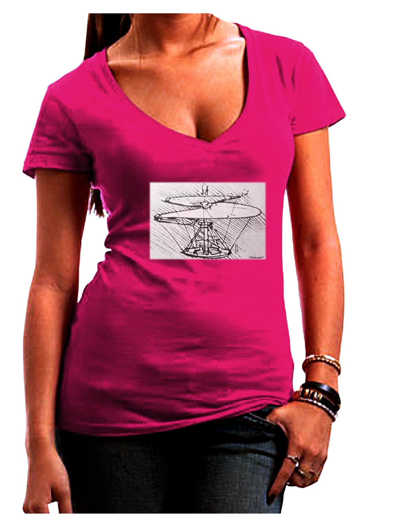 Helicopter Sketch Womens V-Neck Dark T-Shirt-Womens V-Neck T-Shirts-TooLoud-Hot-Pink-Juniors Fitted Small-Davson Sales