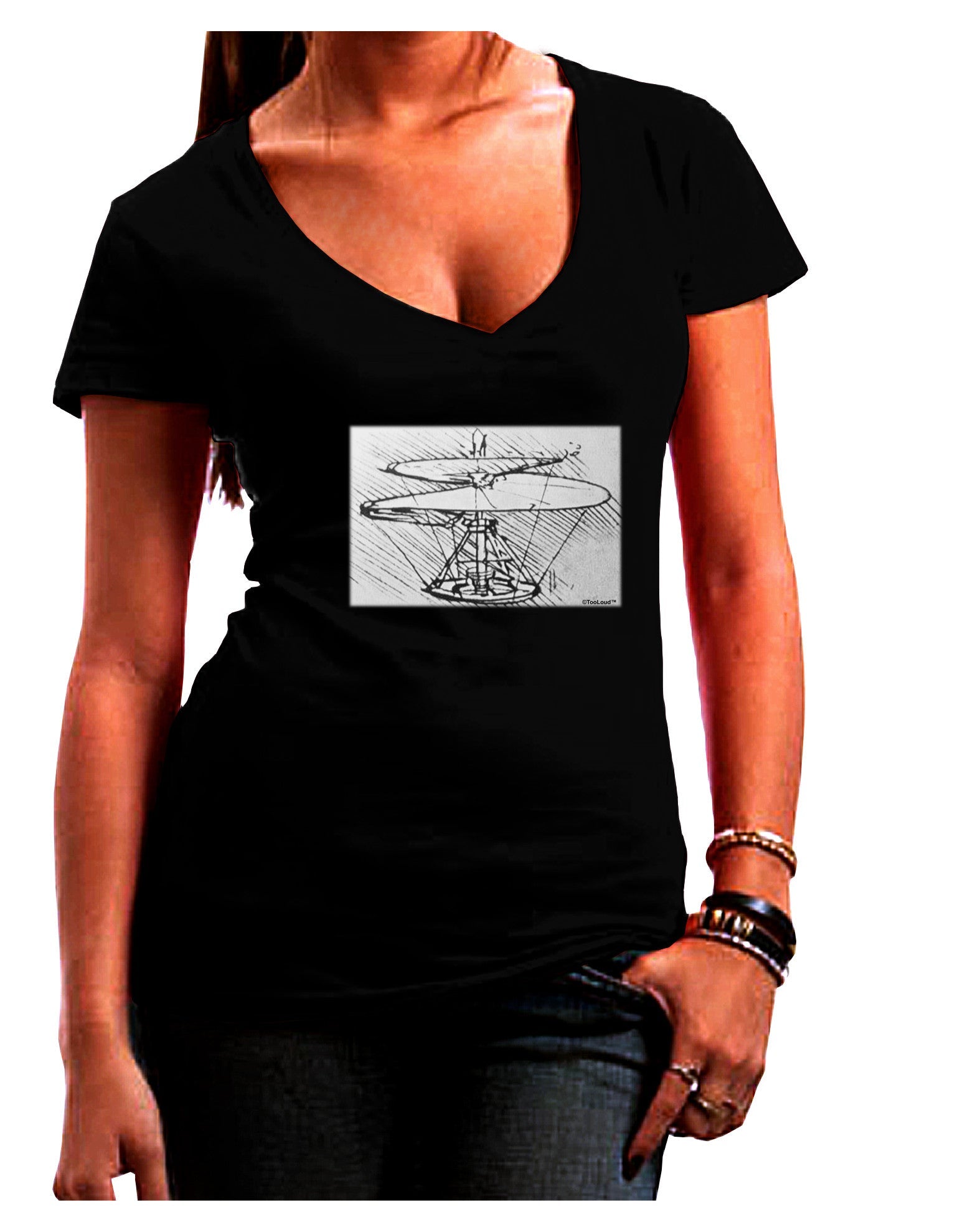 Helicopter Sketch Womens V-Neck Dark T-Shirt-Womens V-Neck T-Shirts-TooLoud-Black-Juniors Fitted Small-Davson Sales