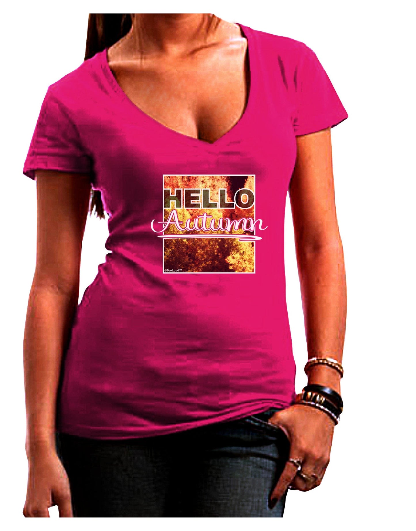 Hello Autumn Womens V-Neck Dark T-Shirt-Womens V-Neck T-Shirts-TooLoud-Hot-Pink-Juniors Fitted Small-Davson Sales
