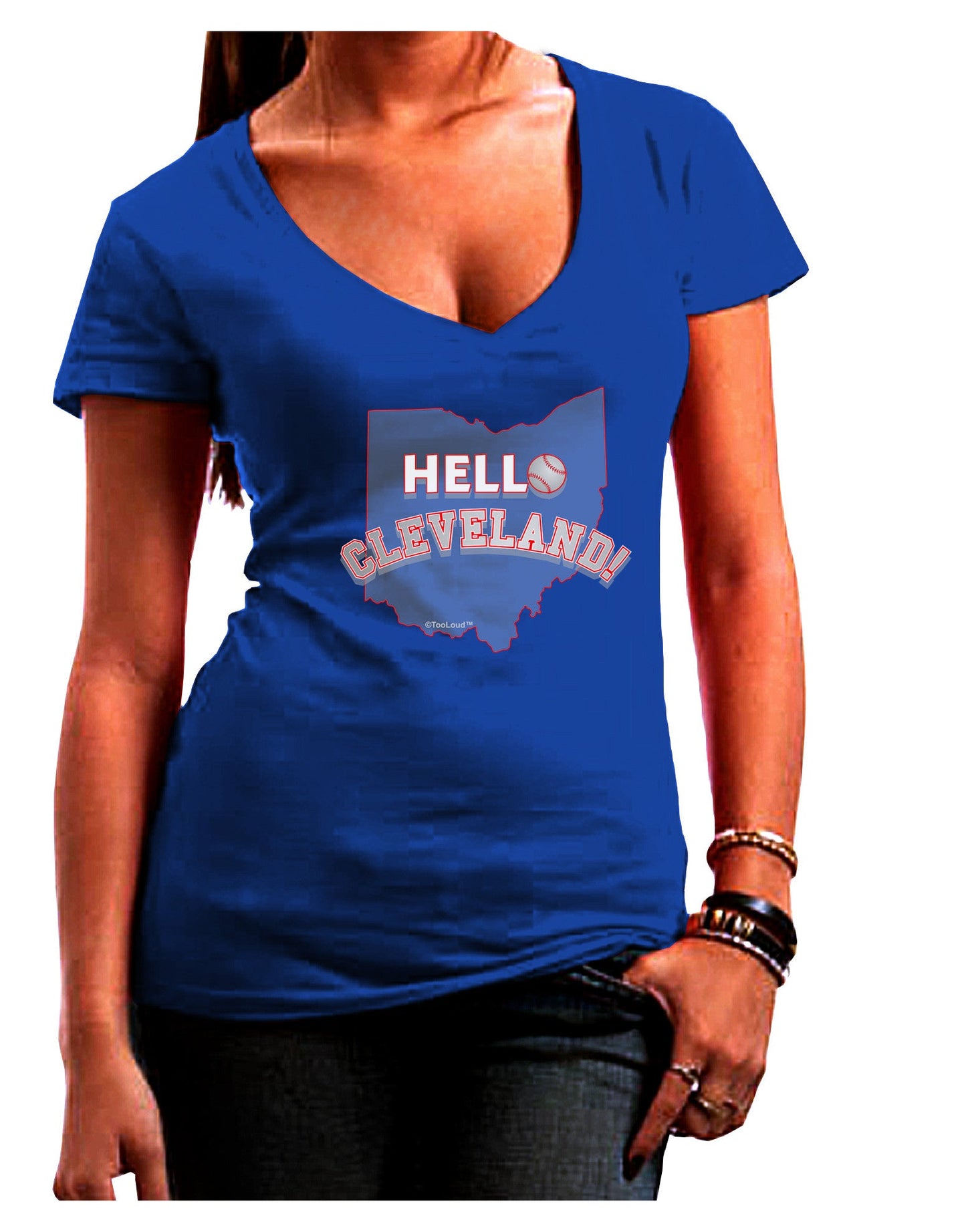 Hello Cleveland Womens V-Neck Dark T-Shirt-Womens V-Neck T-Shirts-TooLoud-Royal-Blue-Juniors Fitted Small-Davson Sales