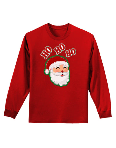 Ho Ho Ho Santa Claus Face Faux Applique Adult Long Sleeve Dark T-Shirt-TooLoud-Red-Small-Davson Sales