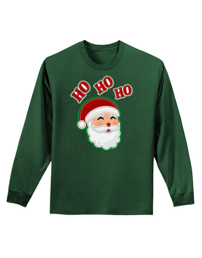 Ho Ho Ho Santa Claus Face Faux Applique Adult Long Sleeve Dark T-Shirt-TooLoud-Dark-Green-Small-Davson Sales
