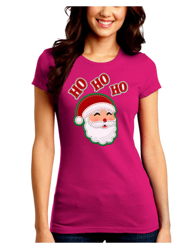 Ho Ho Ho Santa Claus Face Faux Applique Juniors Crew Dark T-Shirt-T-Shirts Juniors Tops-TooLoud-Hot-Pink-Juniors Fitted Small-Davson Sales