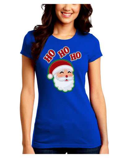 Ho Ho Ho Santa Claus Face Faux Applique Juniors Crew Dark T-Shirt-T-Shirts Juniors Tops-TooLoud-Royal-Blue-Juniors Fitted Small-Davson Sales