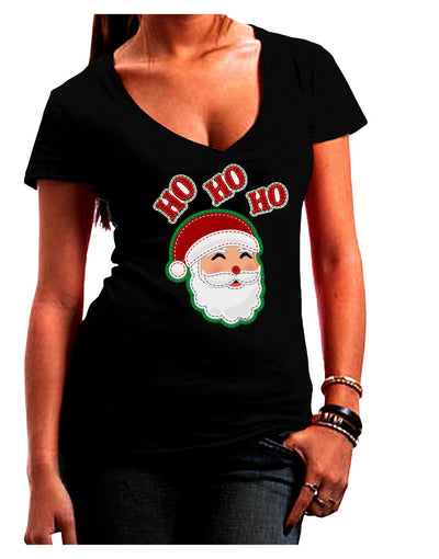 Ho Ho Ho Santa Claus Face Faux Applique Juniors V-Neck Dark T-Shirt-Womens V-Neck T-Shirts-TooLoud-Black-Juniors Fitted Small-Davson Sales