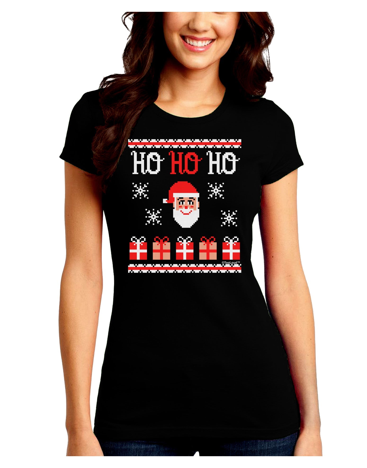 Ho Ho Ho Ugly Christmas Sweater Juniors Crew Dark T-Shirt-T-Shirts Juniors Tops-TooLoud-Black-Juniors Fitted Small-Davson Sales