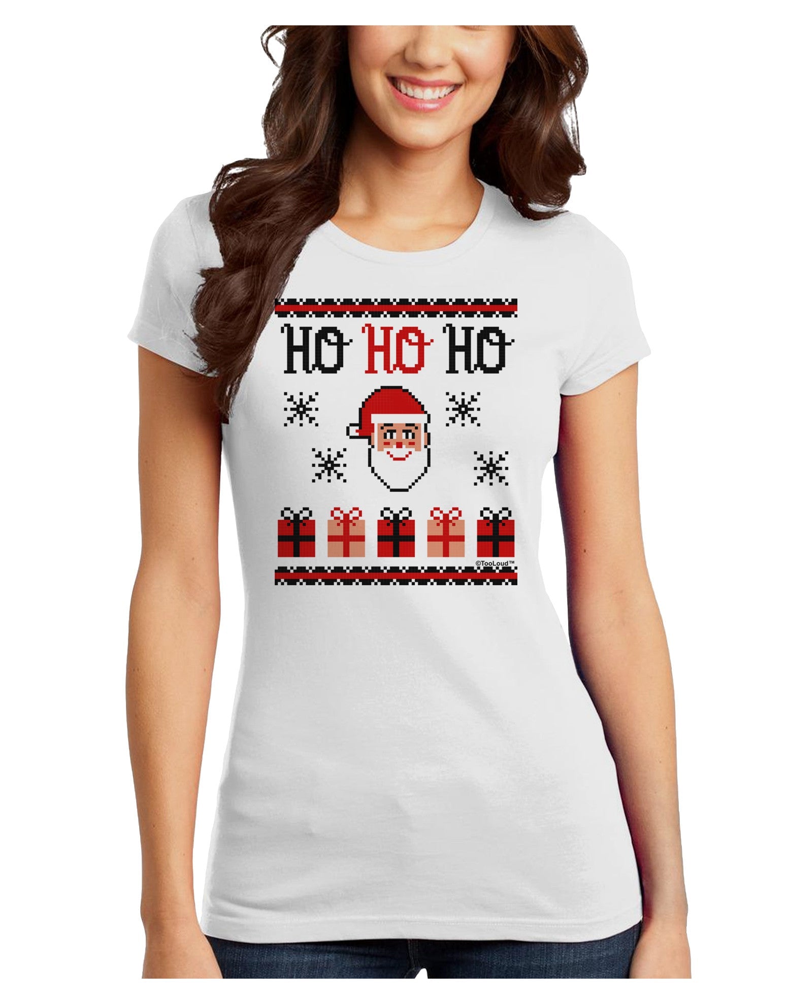 Ho Ho Ho Ugly Christmas Sweater Juniors T-Shirt-Womens Juniors T-Shirt-TooLoud-White-Juniors Fitted X-Small-Davson Sales