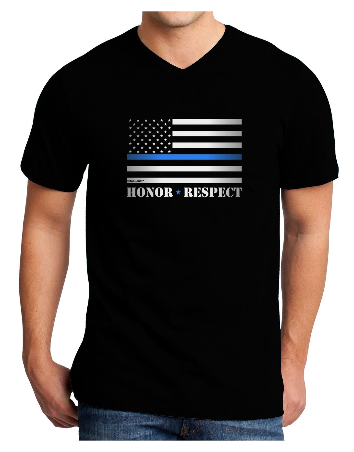Honor Respect Blue Line Adult Dark V-Neck T-Shirt-Mens V-Neck T-Shirt-TooLoud-Black-Small-Davson Sales