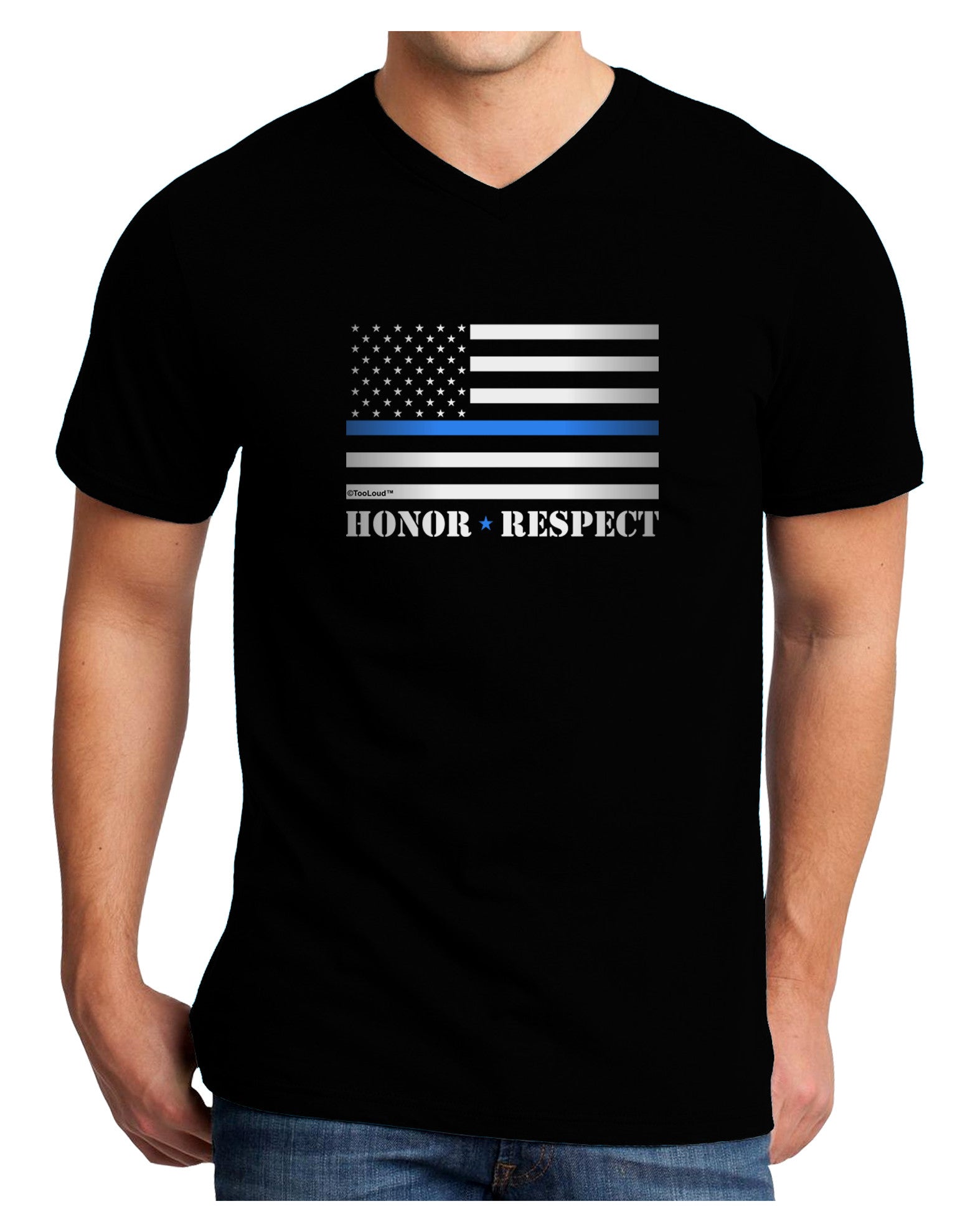 Honor Respect Blue Line Adult Dark V-Neck T-Shirt-Mens V-Neck T-Shirt-TooLoud-Black-Small-Davson Sales