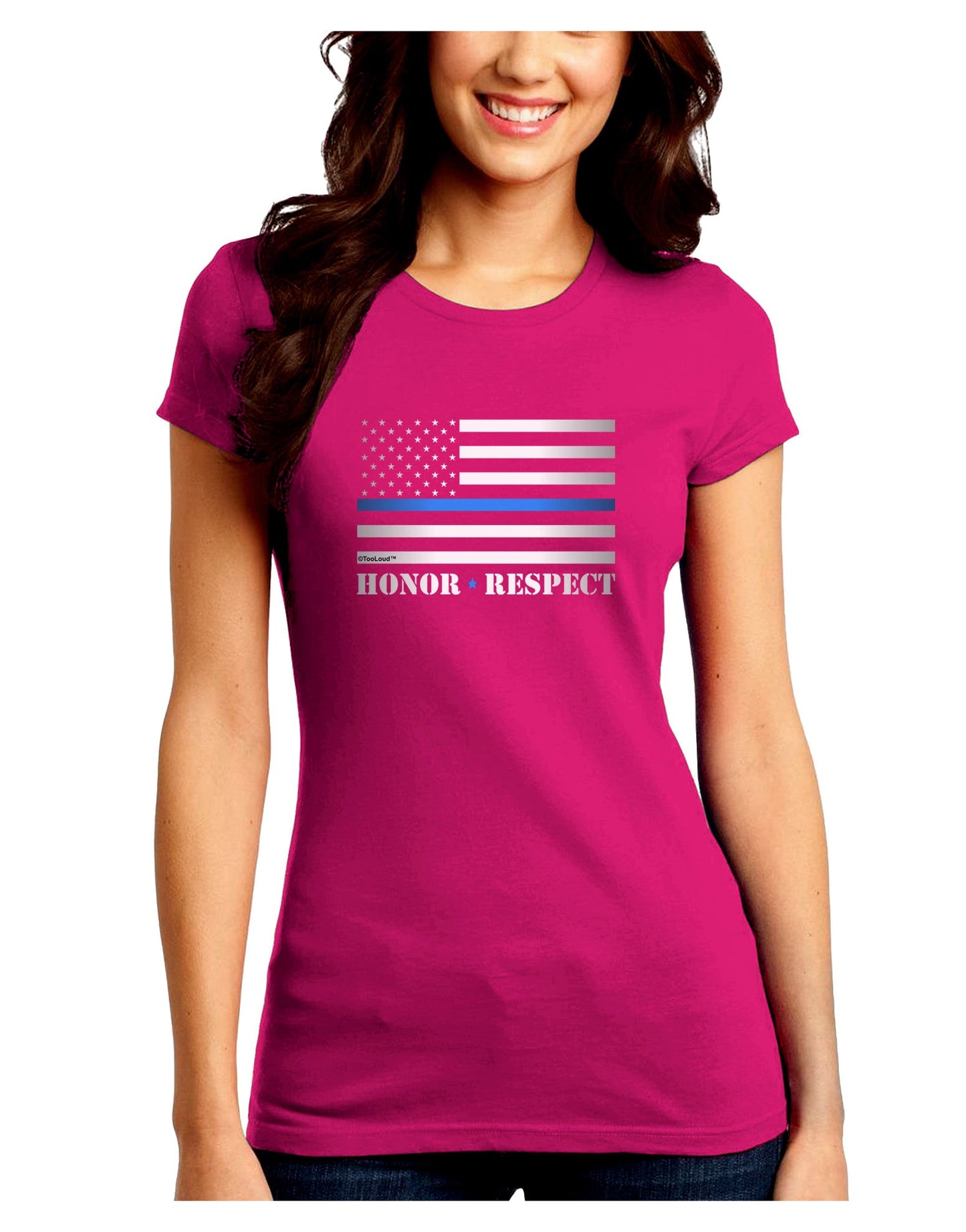 Honor Respect Blue Line Juniors Petite Crew Dark T-Shirt-T-Shirts Juniors Tops-TooLoud-Hot-Pink-Juniors Fitted Small-Davson Sales