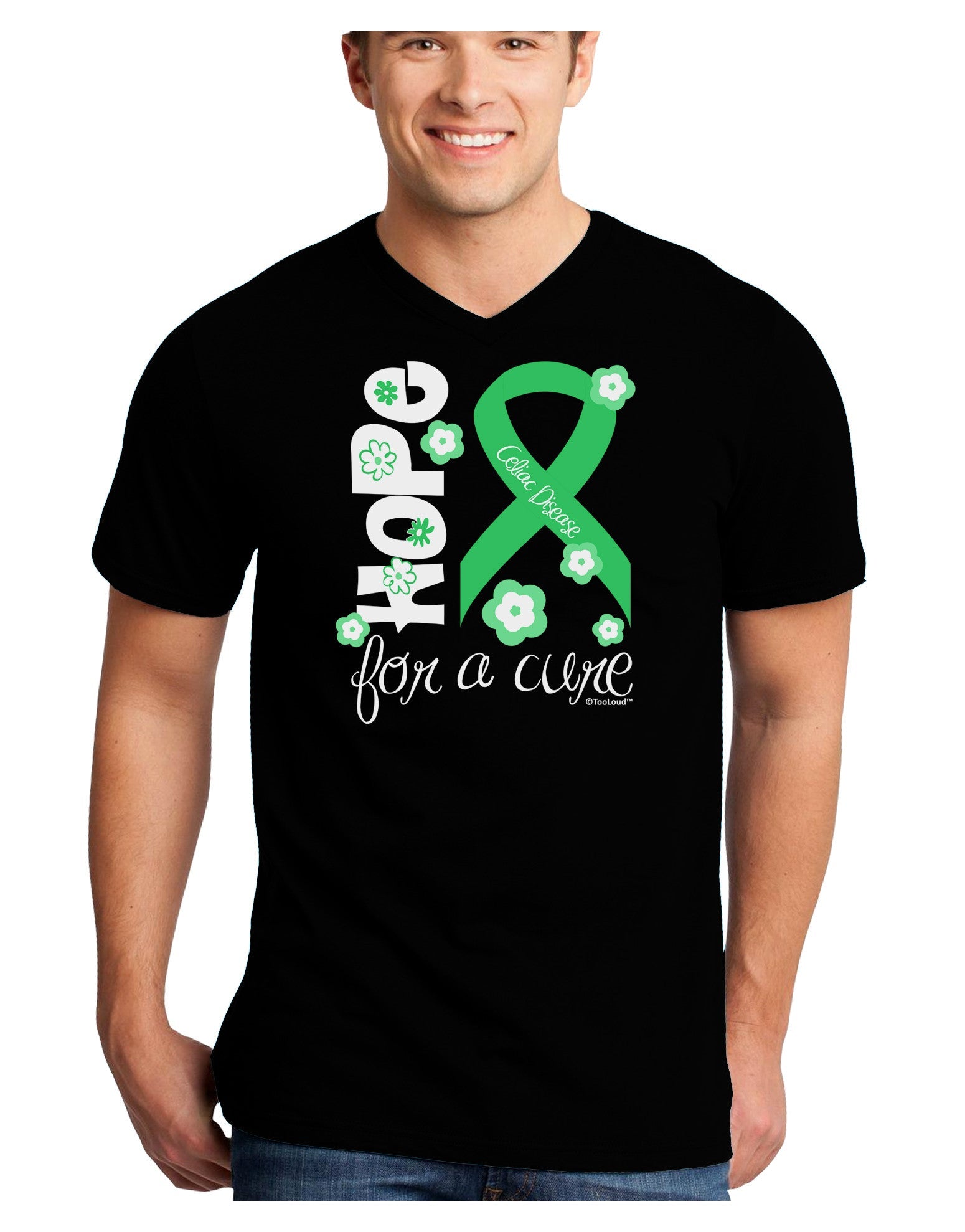Hope for a Cure - Light Green Ribbon Celiac Disease - Flowers Adult Dark V-Neck T-Shirt-TooLoud-Black-Small-Davson Sales
