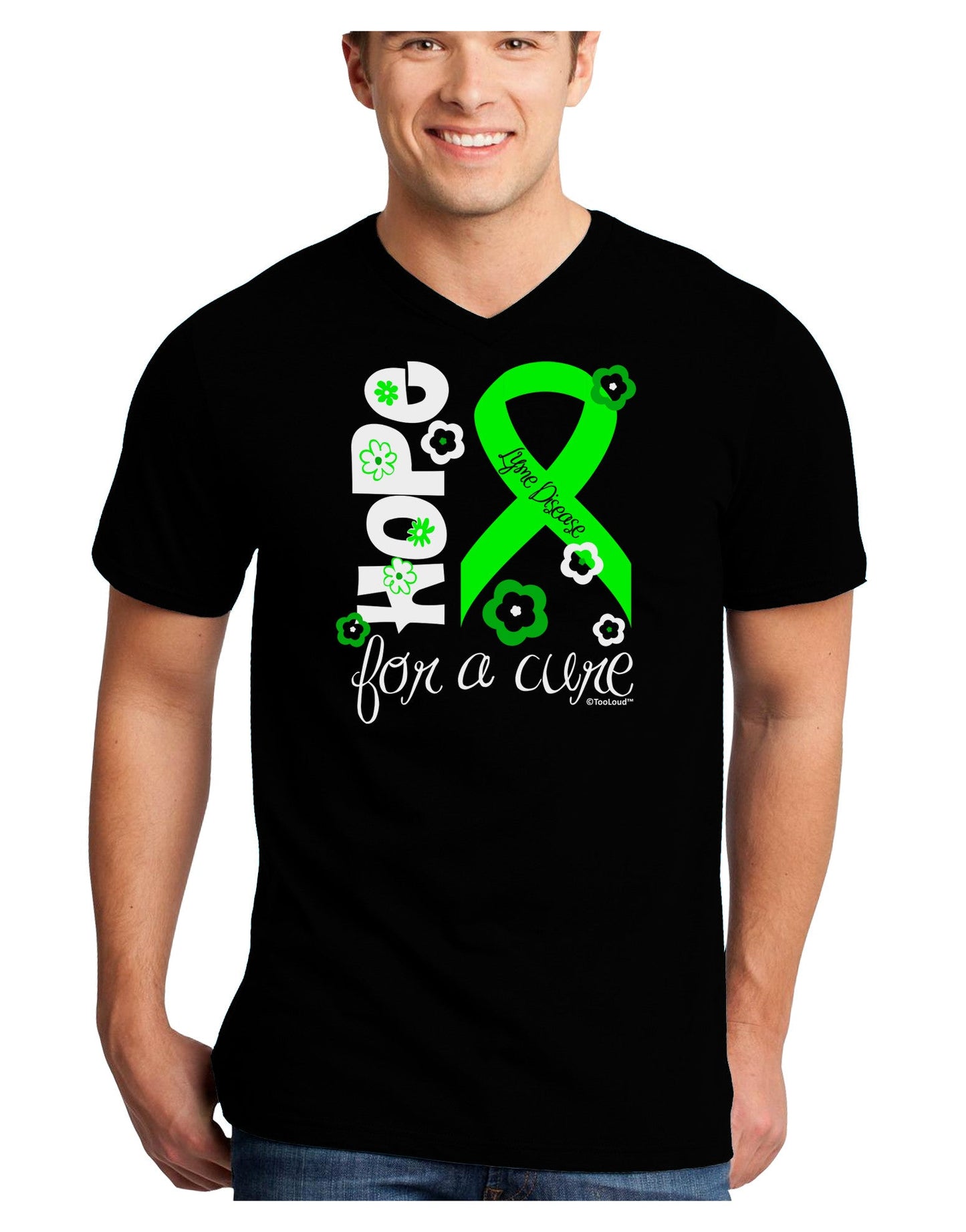 Hope for a Cure - Lime Green Ribbon Lyme Disease - Flowers Adult Dark V-Neck T-Shirt-TooLoud-Black-Small-Davson Sales