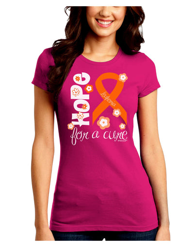 Hope for a Cure - Orange Ribbon Leukemia - Flowers Juniors Crew Dark T-Shirt-T-Shirts Juniors Tops-TooLoud-Hot-Pink-Juniors Fitted Small-Davson Sales