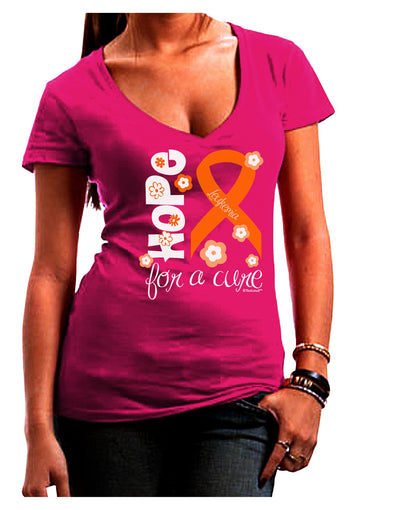 Hope for a Cure - Orange Ribbon Leukemia - Flowers Juniors V-Neck Dark T-Shirt-Womens V-Neck T-Shirts-TooLoud-Hot-Pink-Juniors Fitted Small-Davson Sales