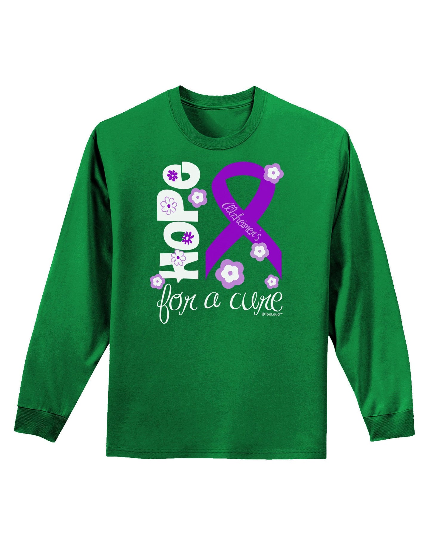 Hope for a Cure - Purple Ribbon Alzheimers Disease - Flowers Adult Long Sleeve Dark T-Shirt-TooLoud-Kelly-Green-Small-Davson Sales