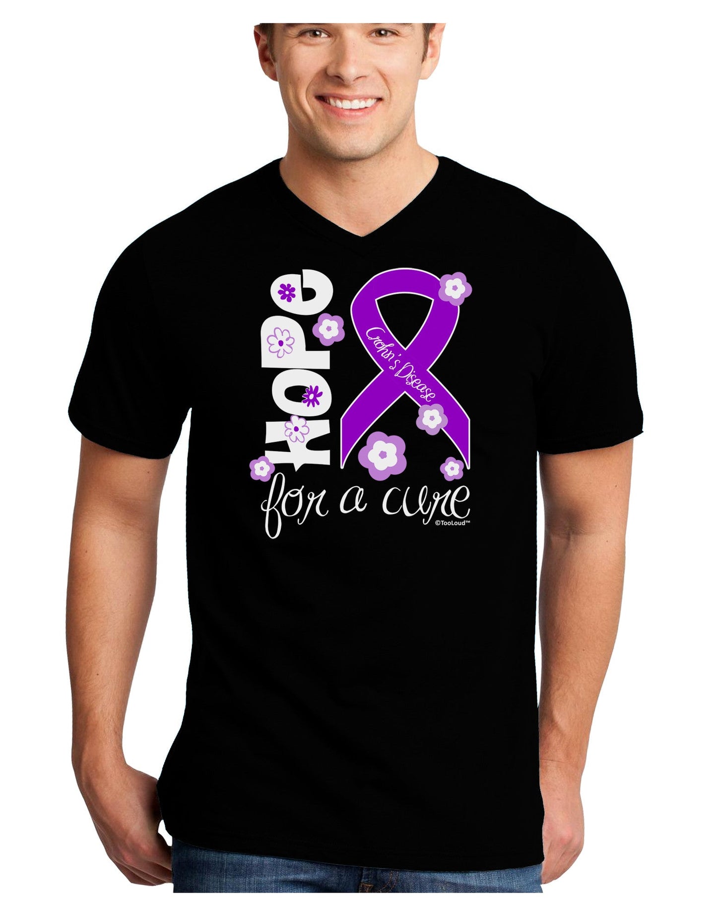 Hope for a Cure - Purple Ribbon Crohn's Disease - Flowers Adult Dark V-Neck T-Shirt-TooLoud-Black-Small-Davson Sales