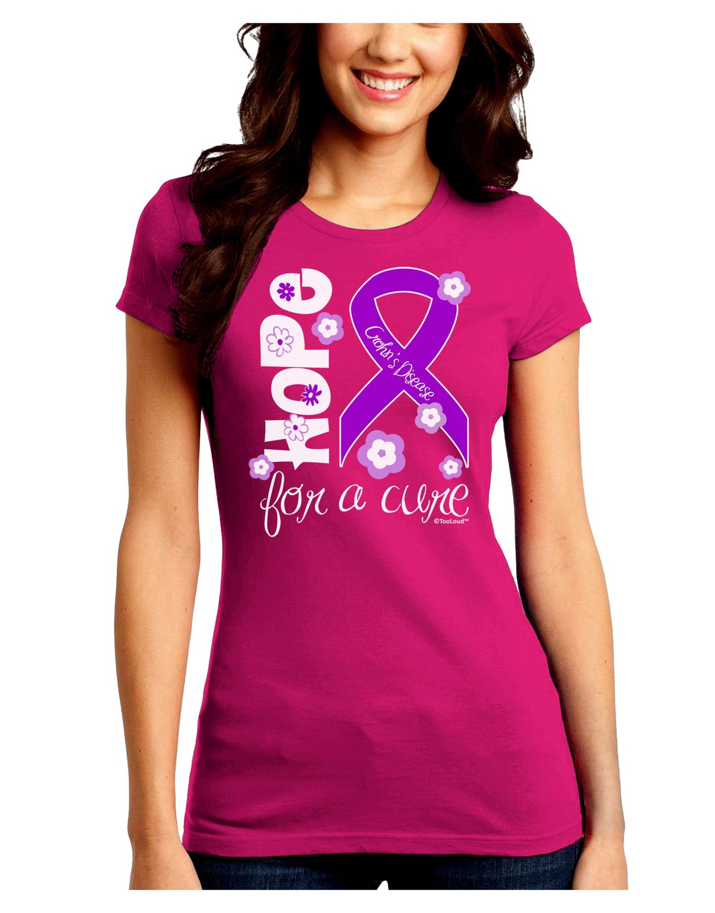 Hope for a Cure - Purple Ribbon Crohn’s Disease - Flowers Juniors Crew Dark T-Shirt-T-Shirts Juniors Tops-TooLoud-Hot-Pink-Juniors Fitted Small-Davson Sales
