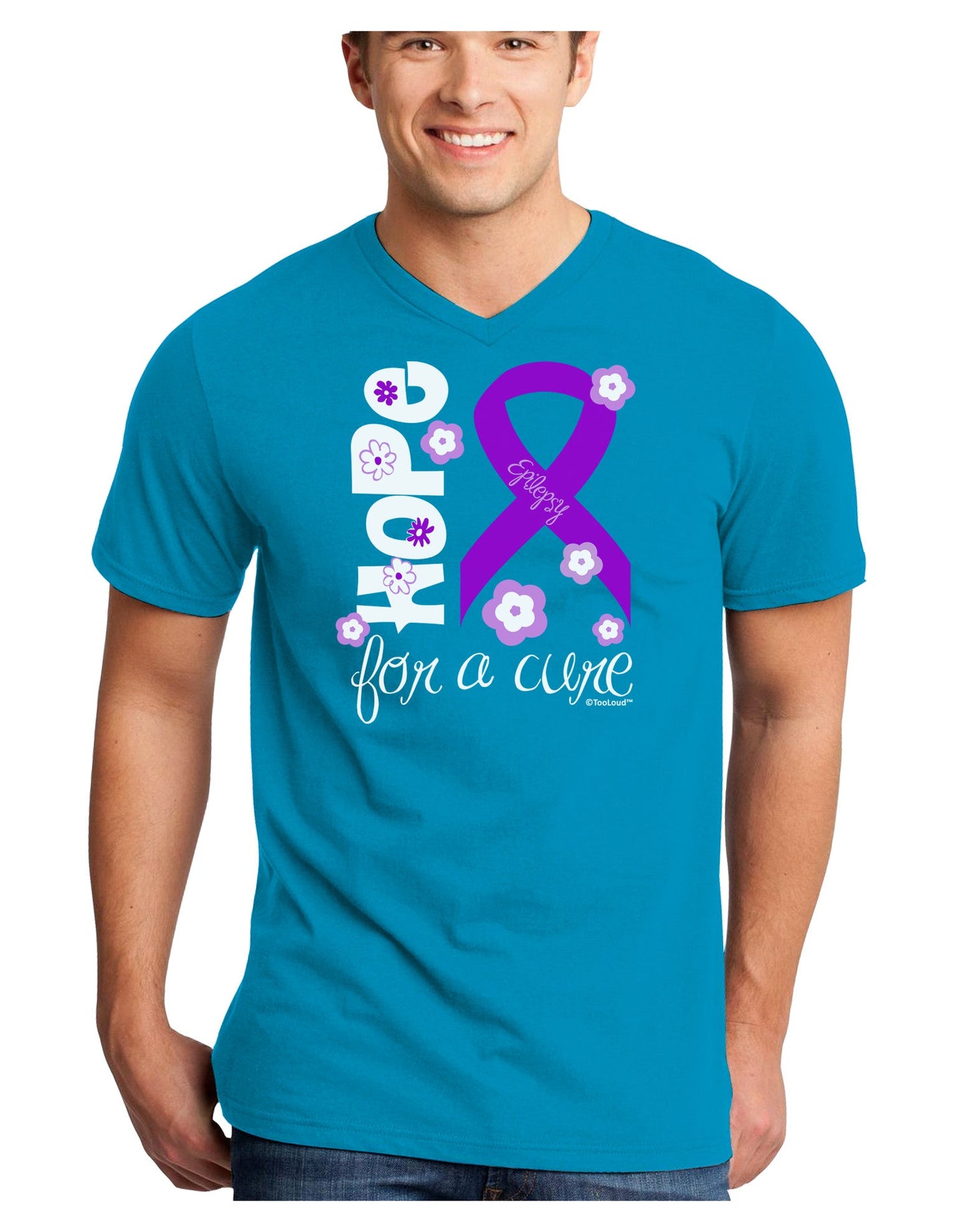 Hope for a Cure - Purple Ribbon Epilepsy - Flowers Adult Dark V-Neck T-Shirt-TooLoud-Turquoise-Small-Davson Sales
