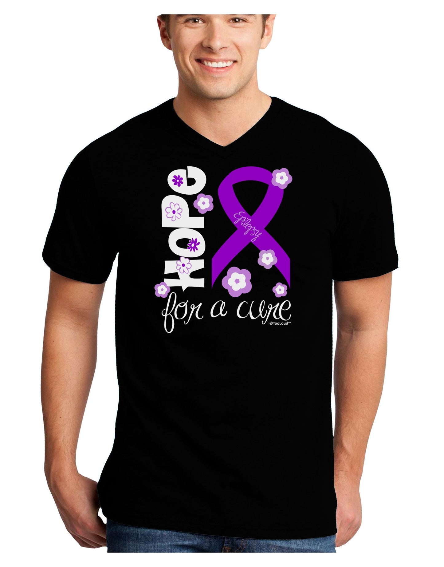 Hope for a Cure - Purple Ribbon Epilepsy - Flowers Adult Dark V-Neck T-Shirt-TooLoud-Black-Small-Davson Sales
