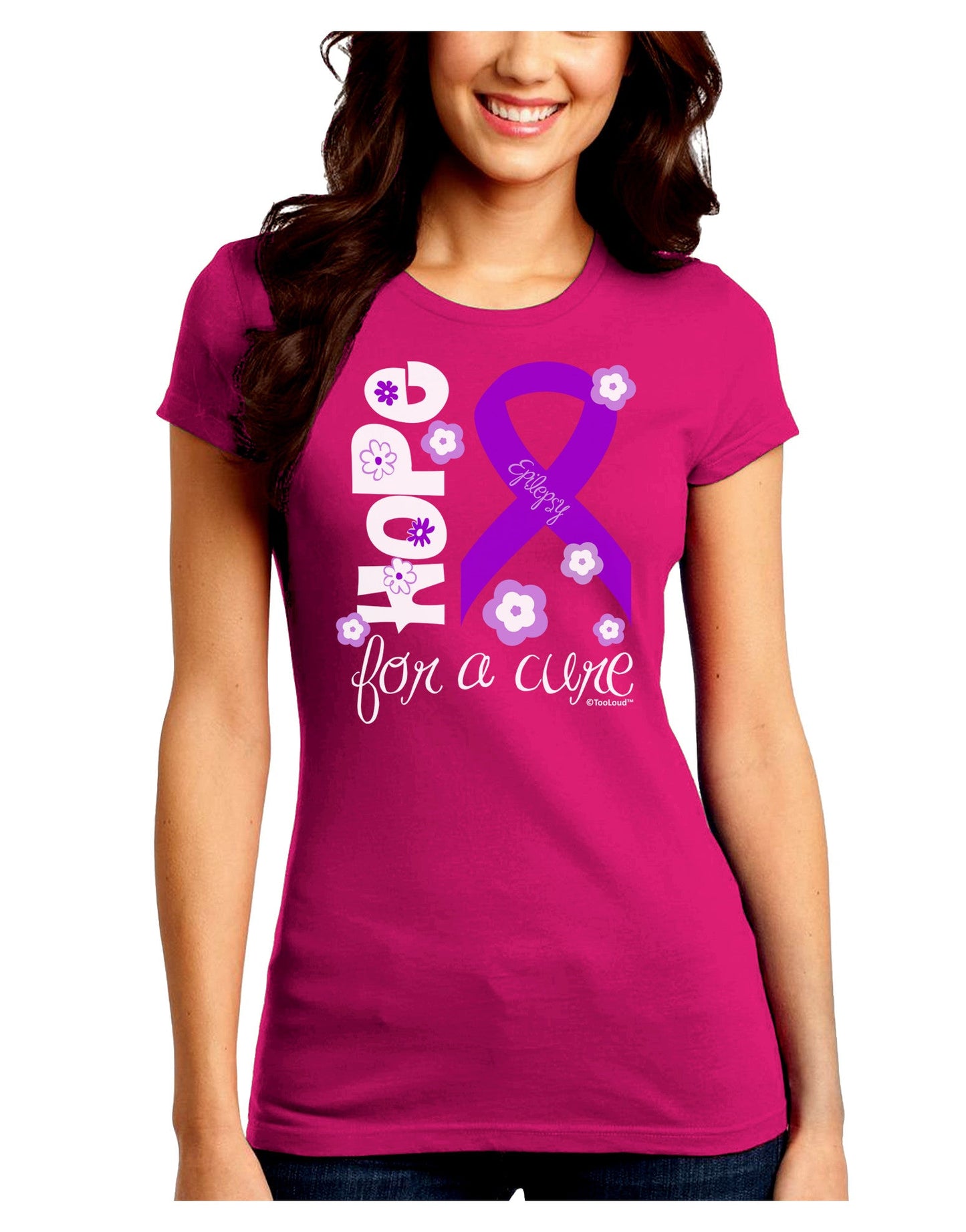 Hope for a Cure - Purple Ribbon Epilepsy - Flowers Juniors Crew Dark T-Shirt-T-Shirts Juniors Tops-TooLoud-Hot-Pink-Juniors Fitted Small-Davson Sales