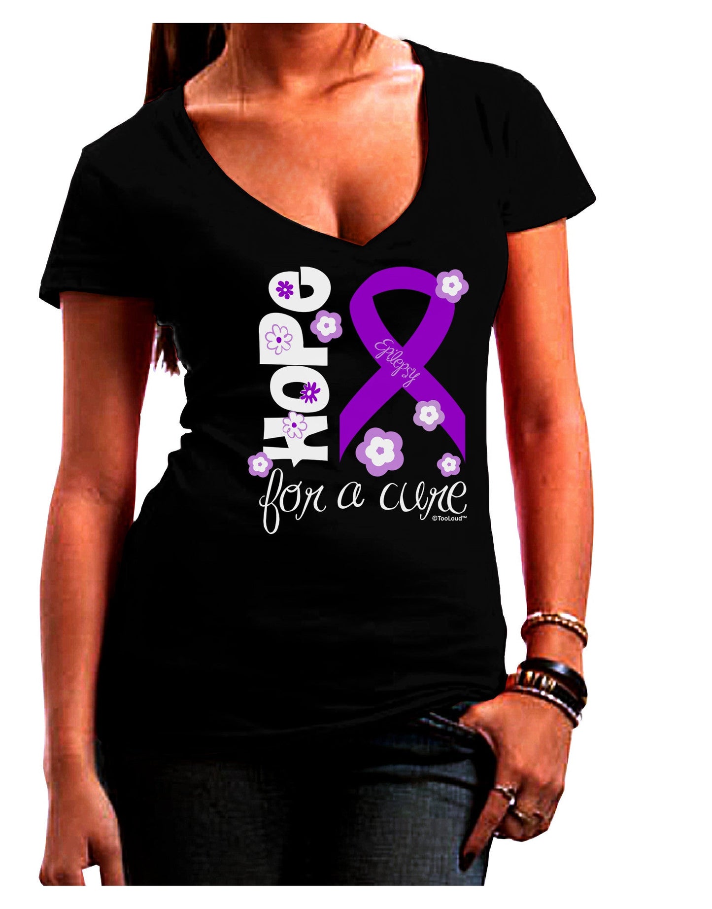 Hope for a Cure - Purple Ribbon Epilepsy - Flowers Juniors V-Neck Dark T-Shirt-Womens V-Neck T-Shirts-TooLoud-Black-Juniors Fitted Small-Davson Sales