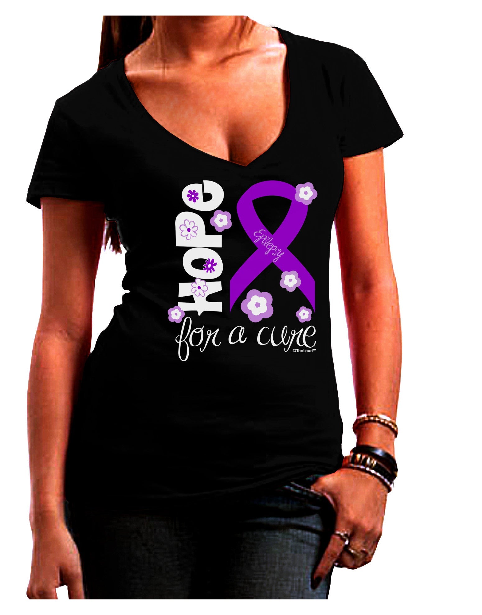 Hope for a Cure - Purple Ribbon Epilepsy - Flowers Juniors V-Neck Dark T-Shirt-Womens V-Neck T-Shirts-TooLoud-Black-Juniors Fitted Small-Davson Sales