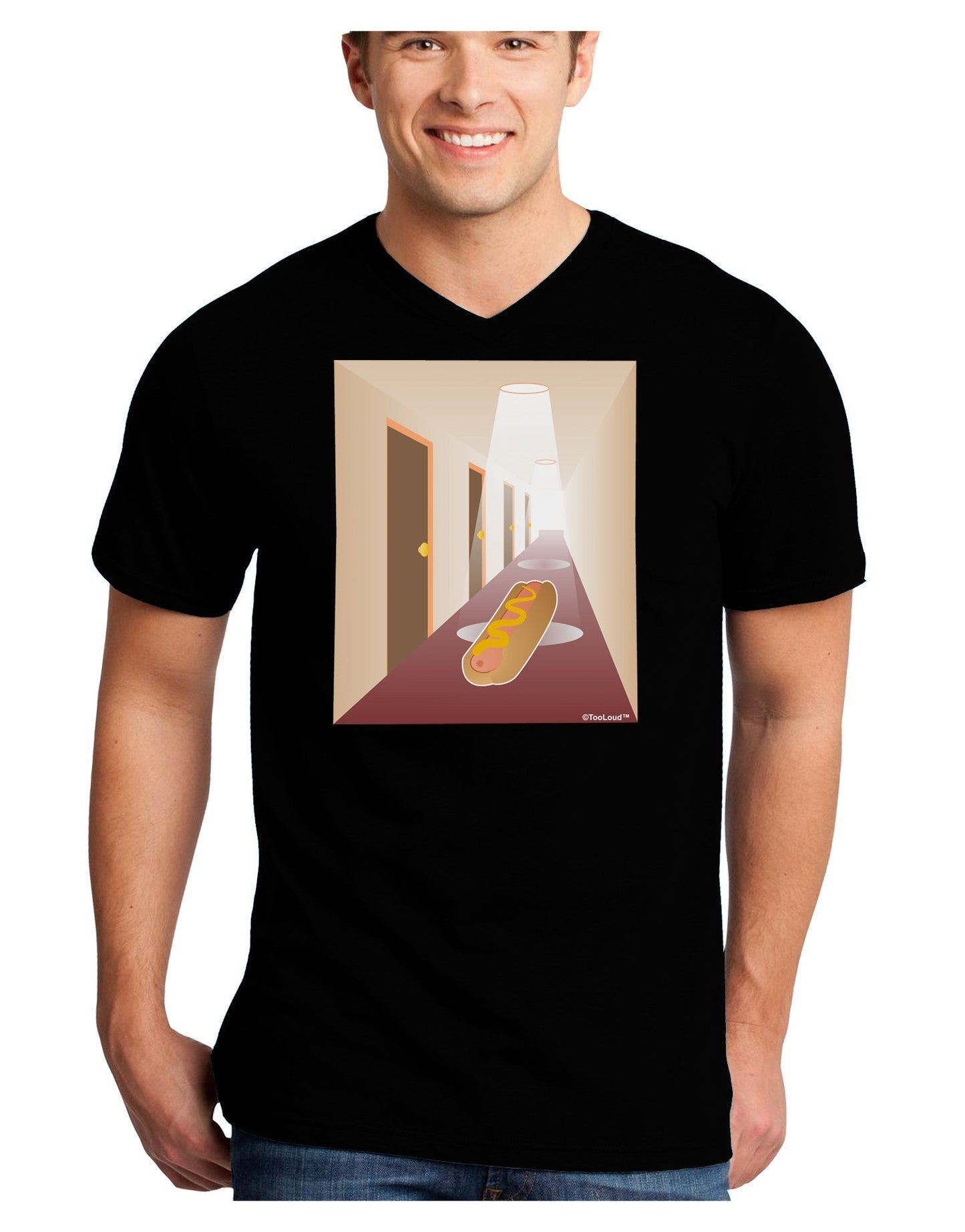 Hotdog in a Hallway Adult Dark V-Neck T-Shirt-TooLoud-Black-Small-Davson Sales