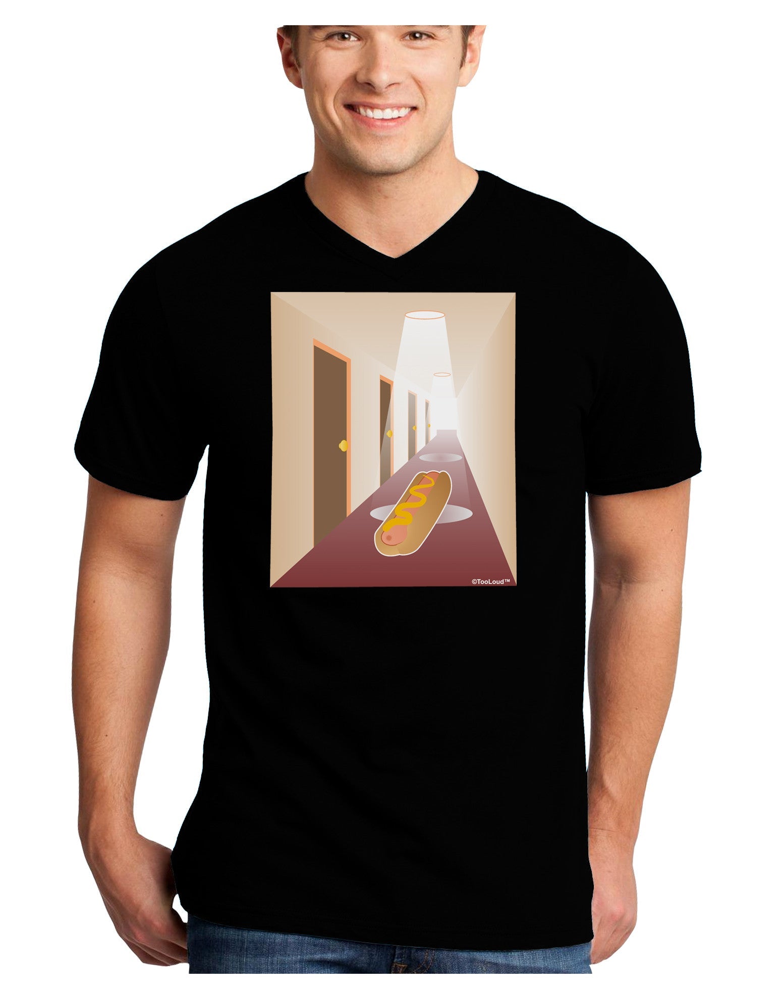 Hotdog in a Hallway Adult Dark V-Neck T-Shirt-TooLoud-Black-Small-Davson Sales