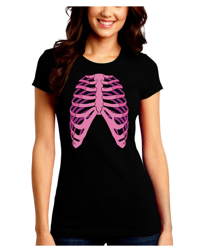 Human Pink Skeleton Bones Ribcage Juniors Crew Dark T-Shirt-T-Shirts Juniors Tops-TooLoud-Black-Juniors Fitted Small-Davson Sales