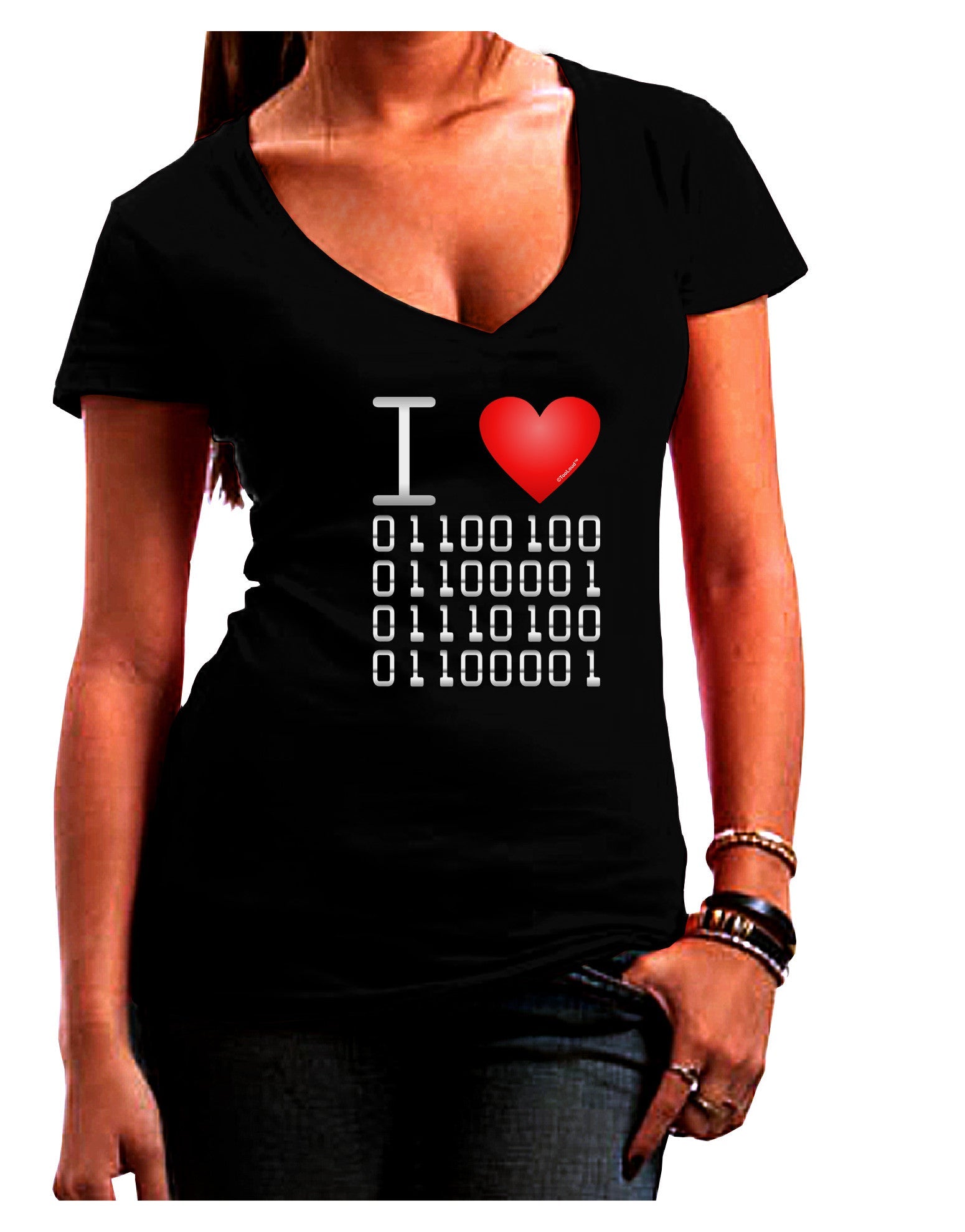 I Heart Binary Data Womens V-Neck Dark T-Shirt-Womens V-Neck T-Shirts-TooLoud-Black-Juniors Fitted Small-Davson Sales