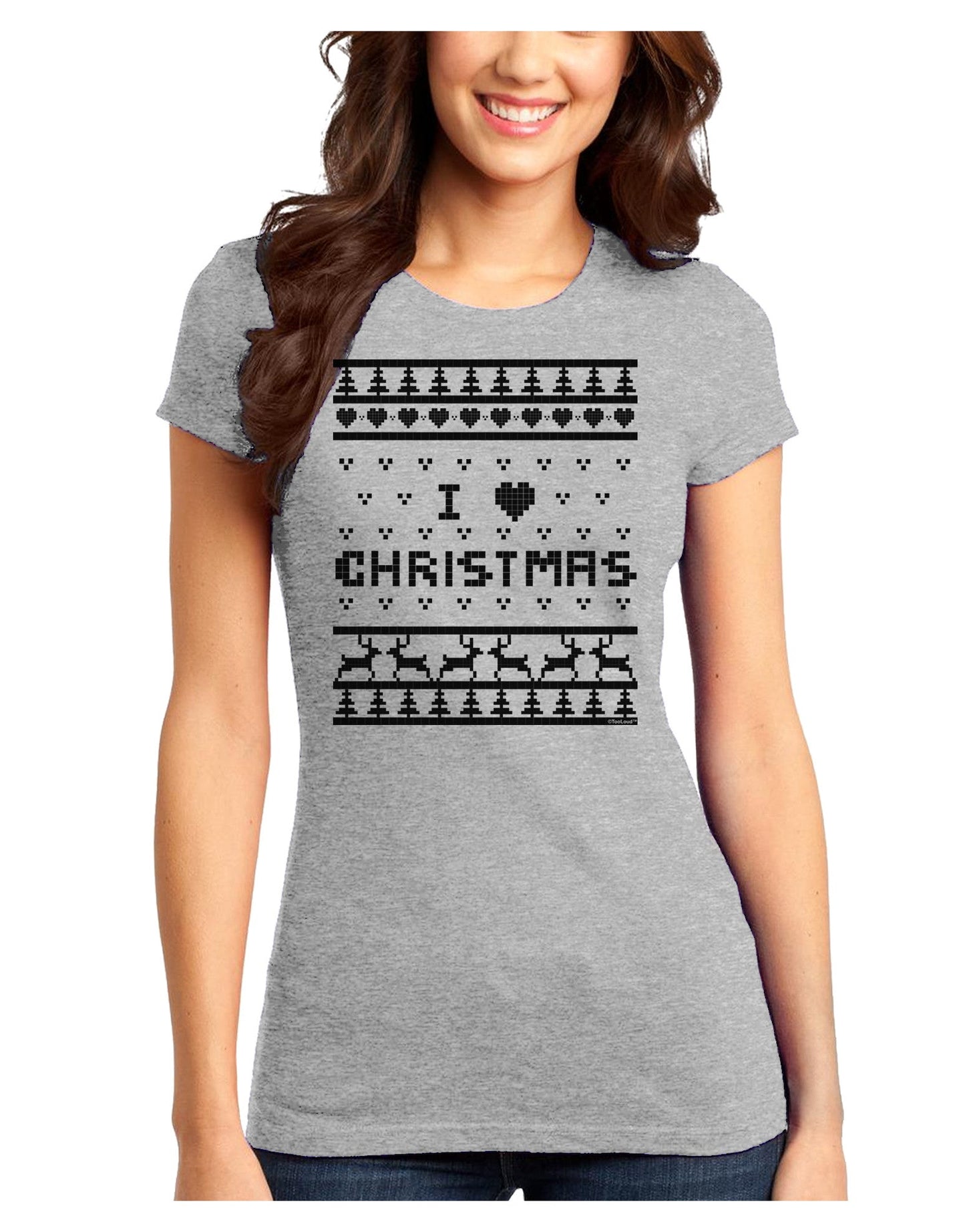 I Heart Christmas Ugly Christmas Sweater Juniors T-Shirt-Womens Juniors T-Shirt-TooLoud-Ash-Gray-Juniors Fitted XS-Davson Sales