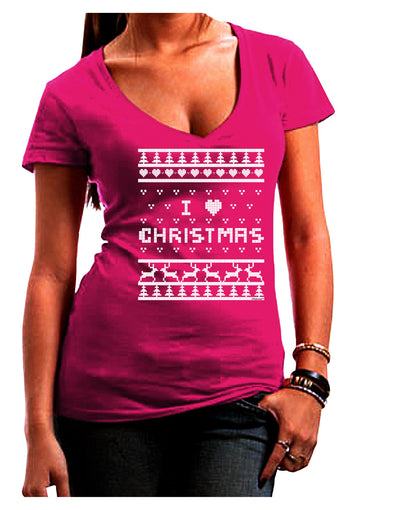 I Heart Christmas Ugly Christmas Sweater Juniors V-Neck Dark T-Shirt-Womens V-Neck T-Shirts-TooLoud-Hot-Pink-Juniors Fitted Small-Davson Sales