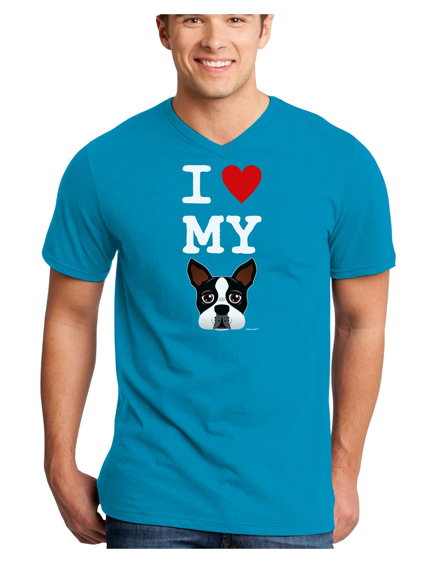 I Heart My Boston Terrier Adult Dark V-Neck T-Shirt-TooLoud-Turquoise-Small-Davson Sales