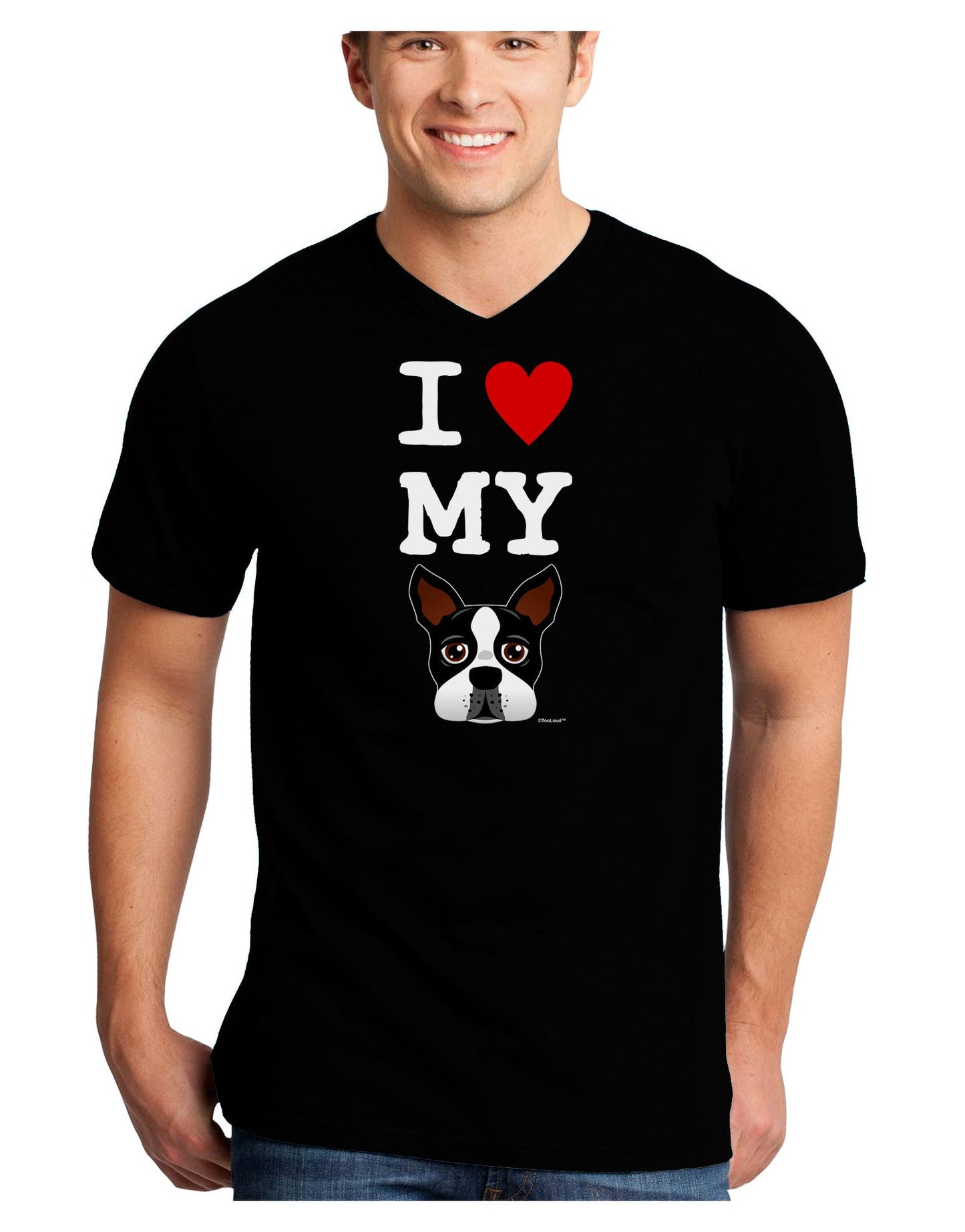 I Heart My Boston Terrier Adult Dark V-Neck T-Shirt-TooLoud-Black-Small-Davson Sales