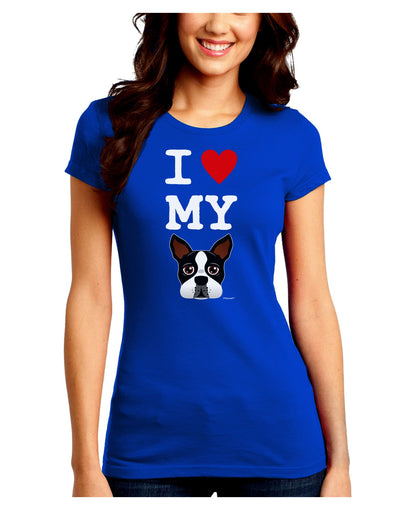 I Heart My Boston Terrier Juniors Crew Dark T-Shirt-T-Shirts Juniors Tops-TooLoud-Royal-Blue-Juniors Fitted Small-Davson Sales