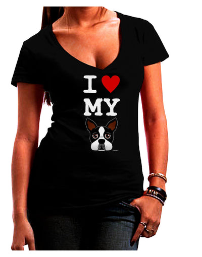 I Heart My Boston Terrier Juniors V-Neck Dark T-Shirt-Womens V-Neck T-Shirts-TooLoud-Black-Juniors Fitted Small-Davson Sales