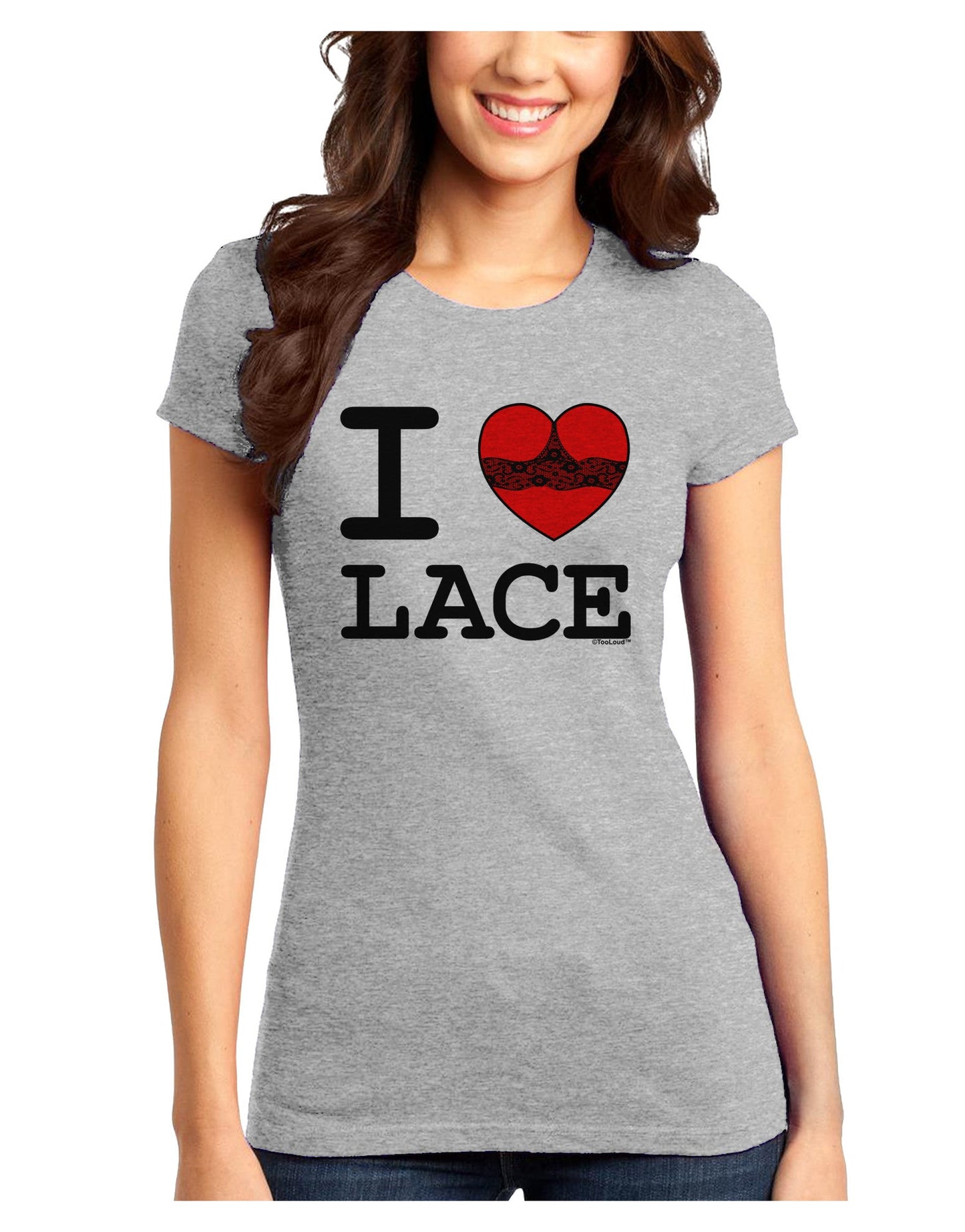 I Love Heart Lace Juniors T-Shirt-Womens Juniors T-Shirt-TooLoud-Ash-Gray-Juniors Fitted X-Small-Davson Sales