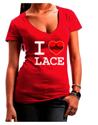 I Love Heart Lace Juniors V-Neck Dark T-Shirt-Womens V-Neck T-Shirts-TooLoud-Red-Juniors Fitted Small-Davson Sales