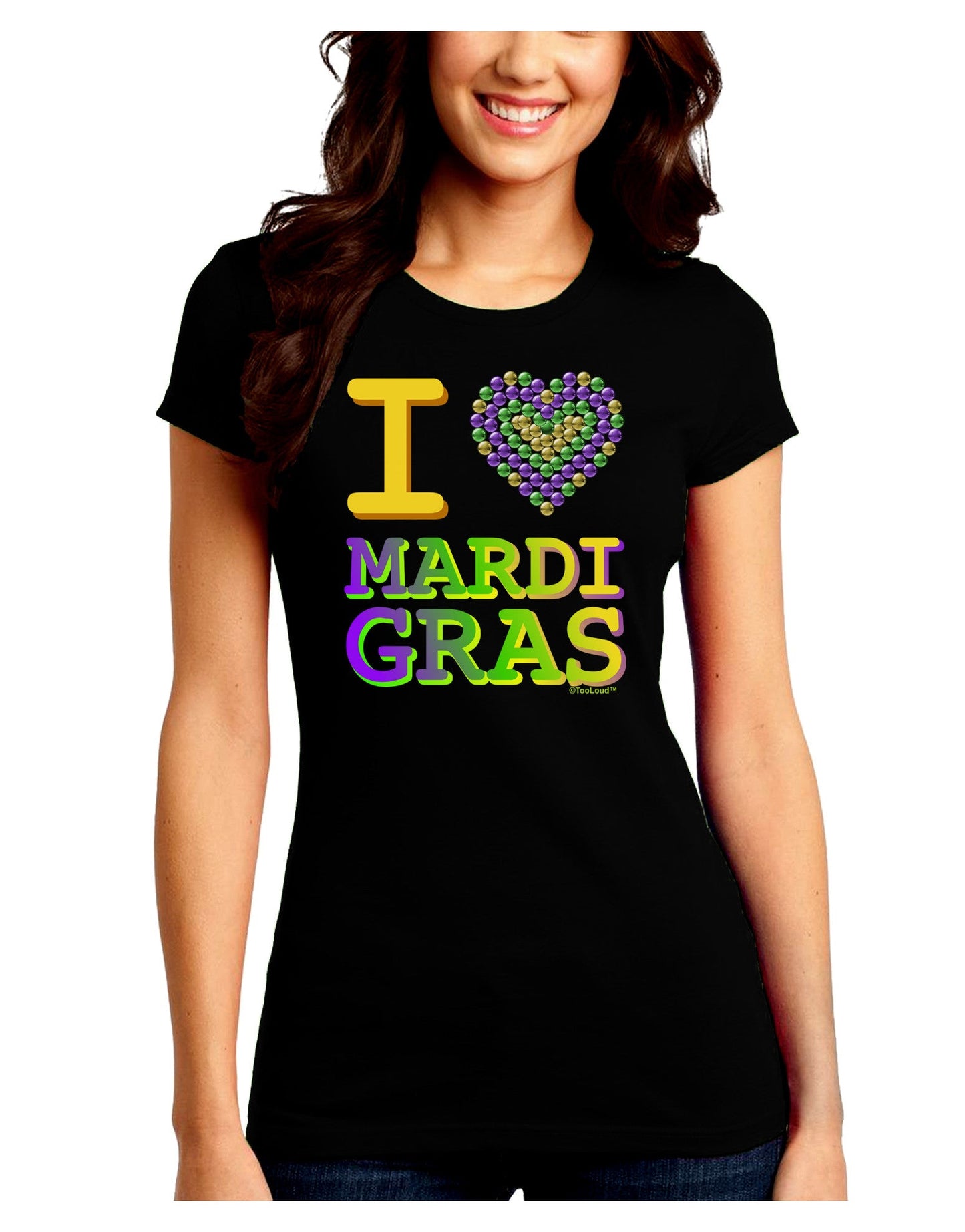 I Love Heart Mardi Gras Juniors Crew Dark T-Shirt-T-Shirts Juniors Tops-TooLoud-Black-Juniors Fitted Small-Davson Sales