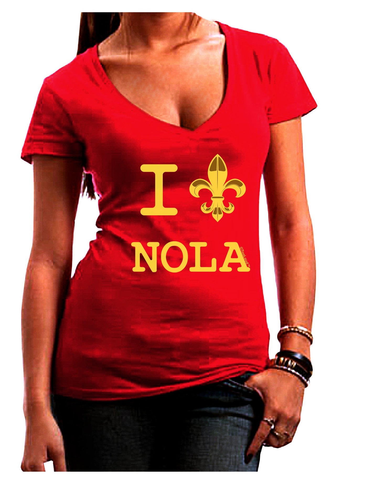 I Love NOLA Fleur de Lis Womens V-Neck Dark T-Shirt-Womens V-Neck T-Shirts-TooLoud-Red-Juniors Fitted Small-Davson Sales