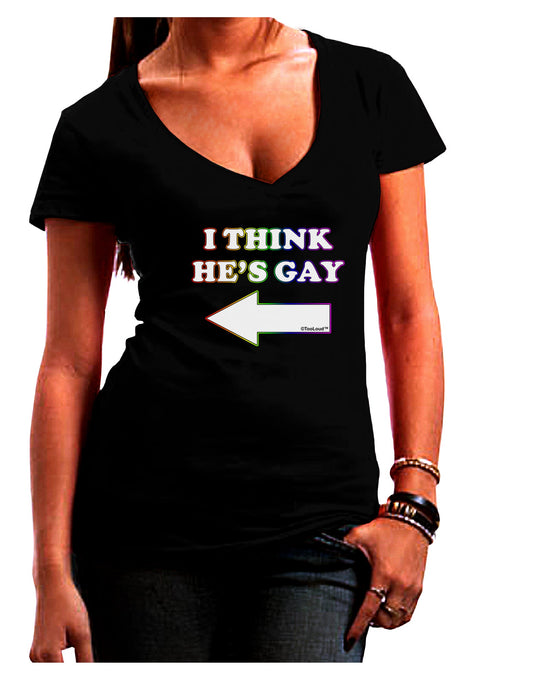 I Think He's Gay Left Womens V-Neck Dark T-Shirt by TooLoud-Womens V-Neck T-Shirts-TooLoud-Black-Juniors Fitted Small-Davson Sales