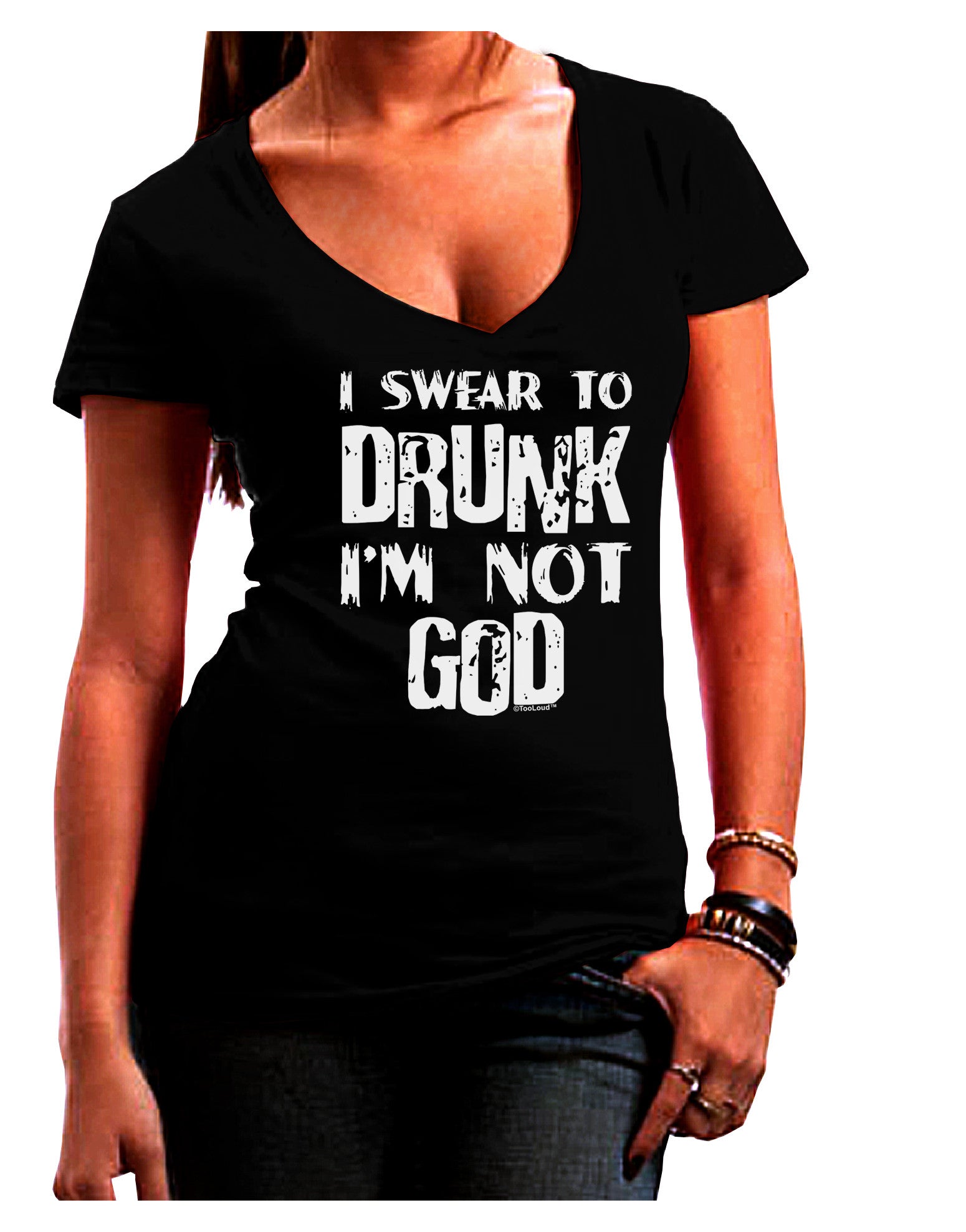 I swear to DRUNK I'm not GOD Womens V-Neck Dark T-Shirt-Womens V-Neck T-Shirts-TooLoud-Black-Juniors Fitted Small-Davson Sales