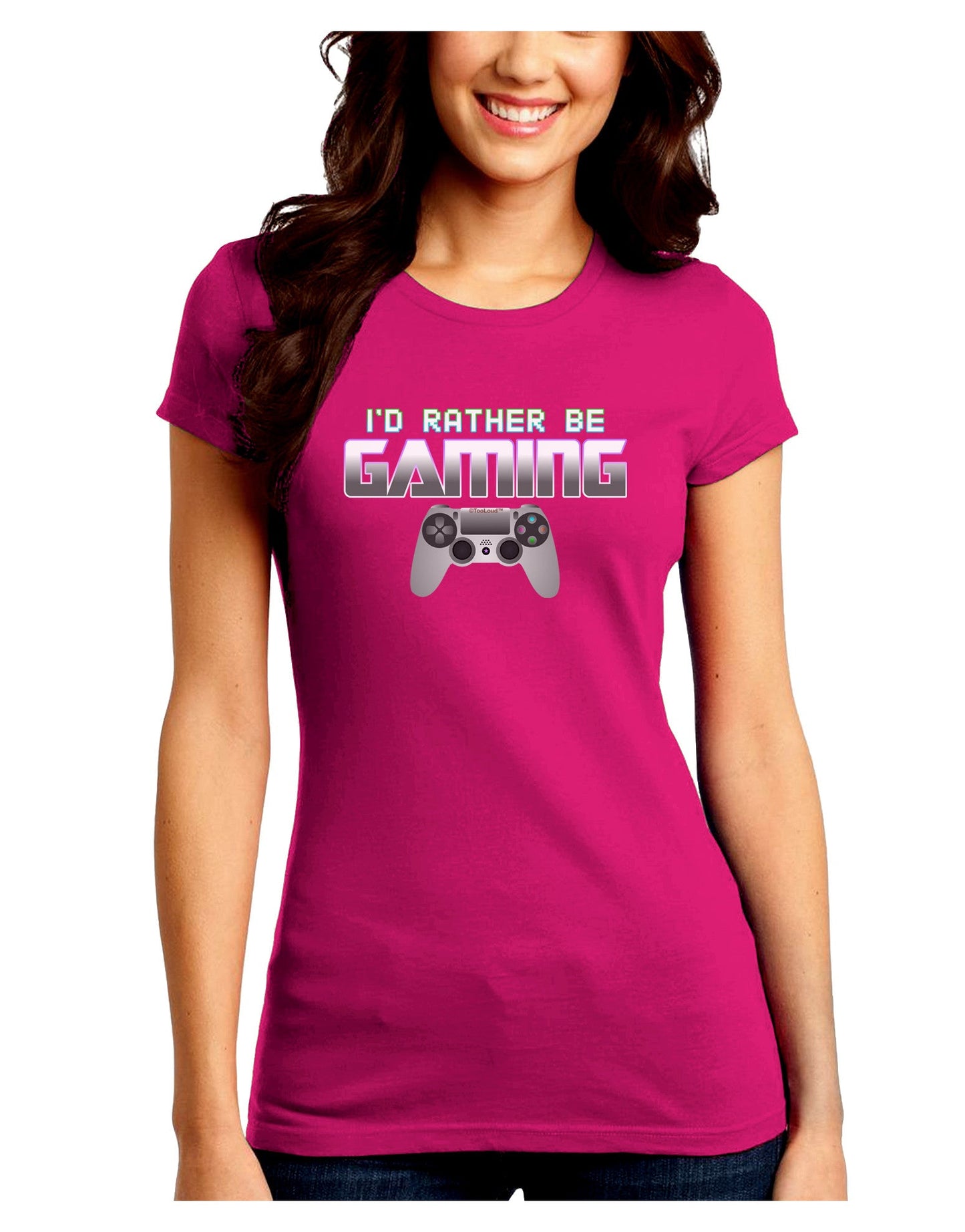 I'd Rather Be Gaming Juniors Petite Crew Dark T-Shirt-T-Shirts Juniors Tops-TooLoud-Hot-Pink-Juniors Fitted Small-Davson Sales