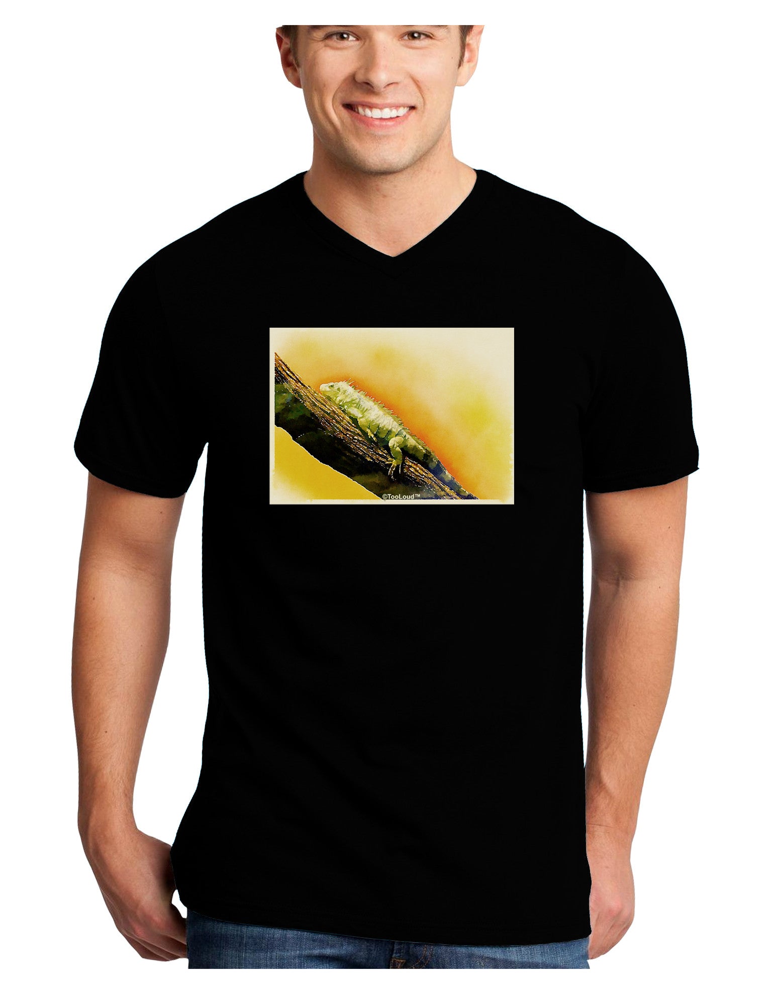 Iguana Watercolor Adult Dark V-Neck T-Shirt-TooLoud-Black-Small-Davson Sales
