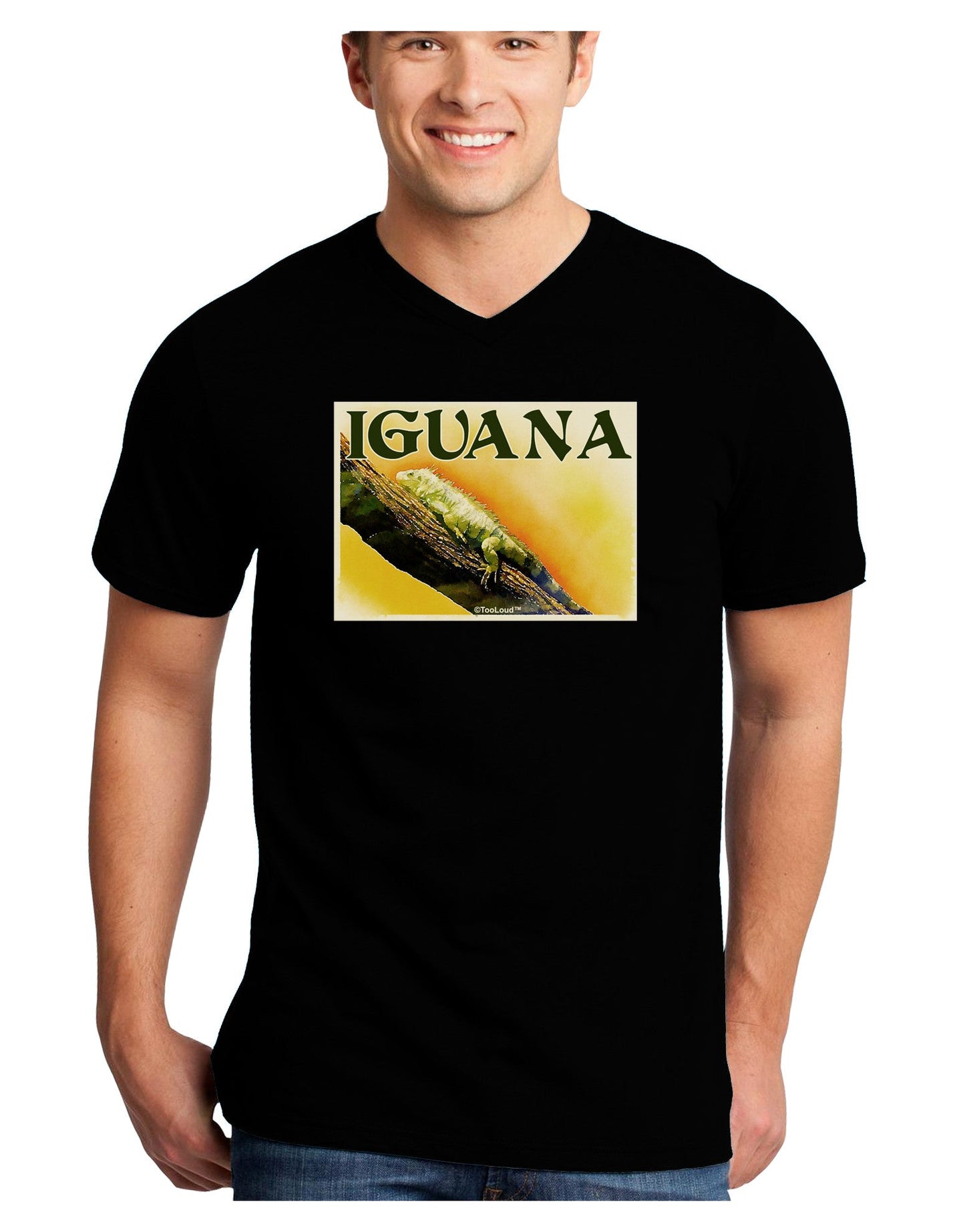 Iguana Watercolor Text Adult Dark V-Neck T-Shirt-TooLoud-Black-Small-Davson Sales