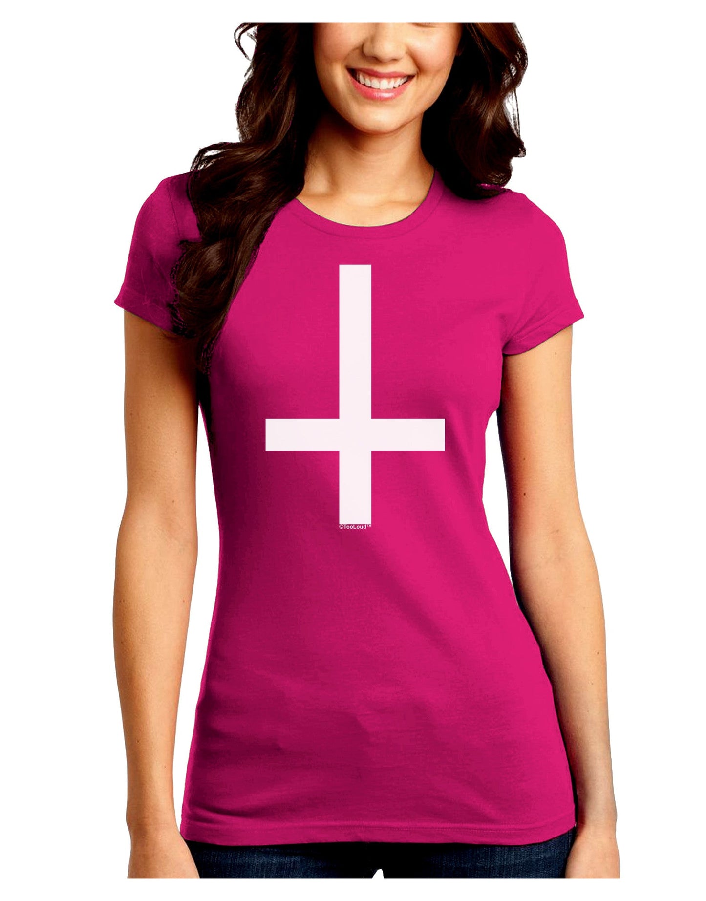 Inverted Cross Juniors Petite Crew Dark T-Shirt-T-Shirts Juniors Tops-TooLoud-Hot-Pink-Juniors Fitted Small-Davson Sales
