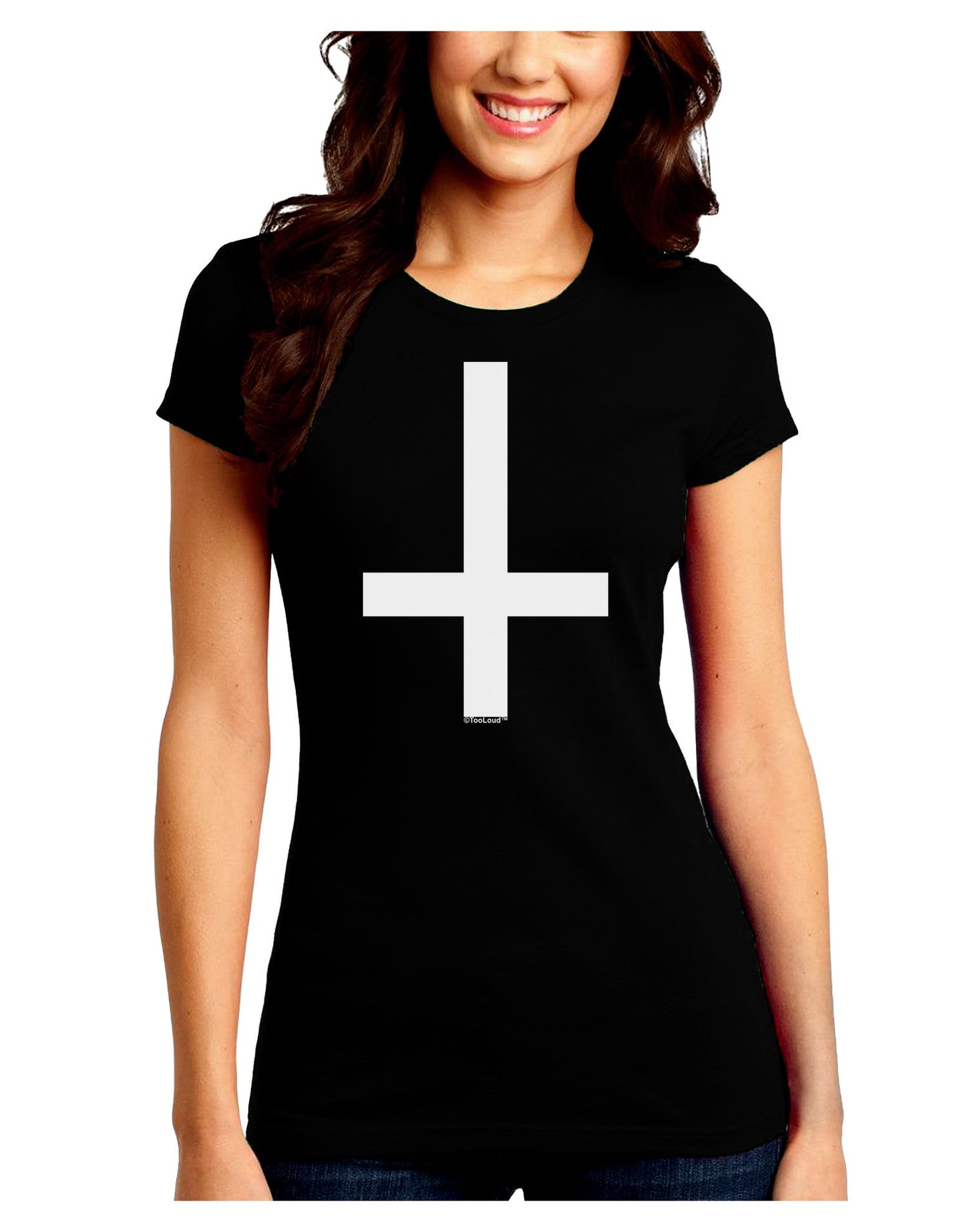 Inverted Cross Juniors Petite Crew Dark T-Shirt-T-Shirts Juniors Tops-TooLoud-Black-Juniors Fitted Small-Davson Sales