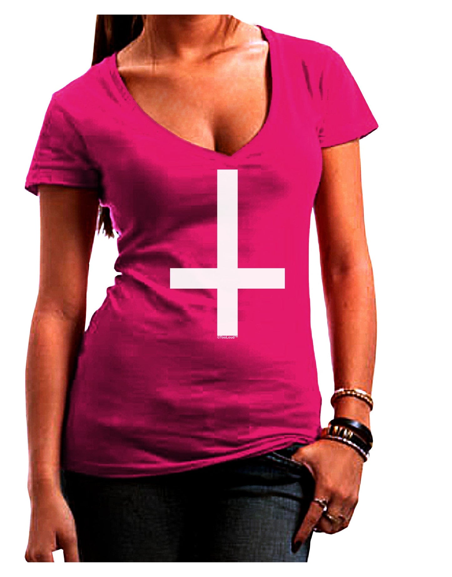 Inverted Cross Womens V-Neck Dark T-Shirt-Womens V-Neck T-Shirts-TooLoud-Hot-Pink-Juniors Fitted Small-Davson Sales